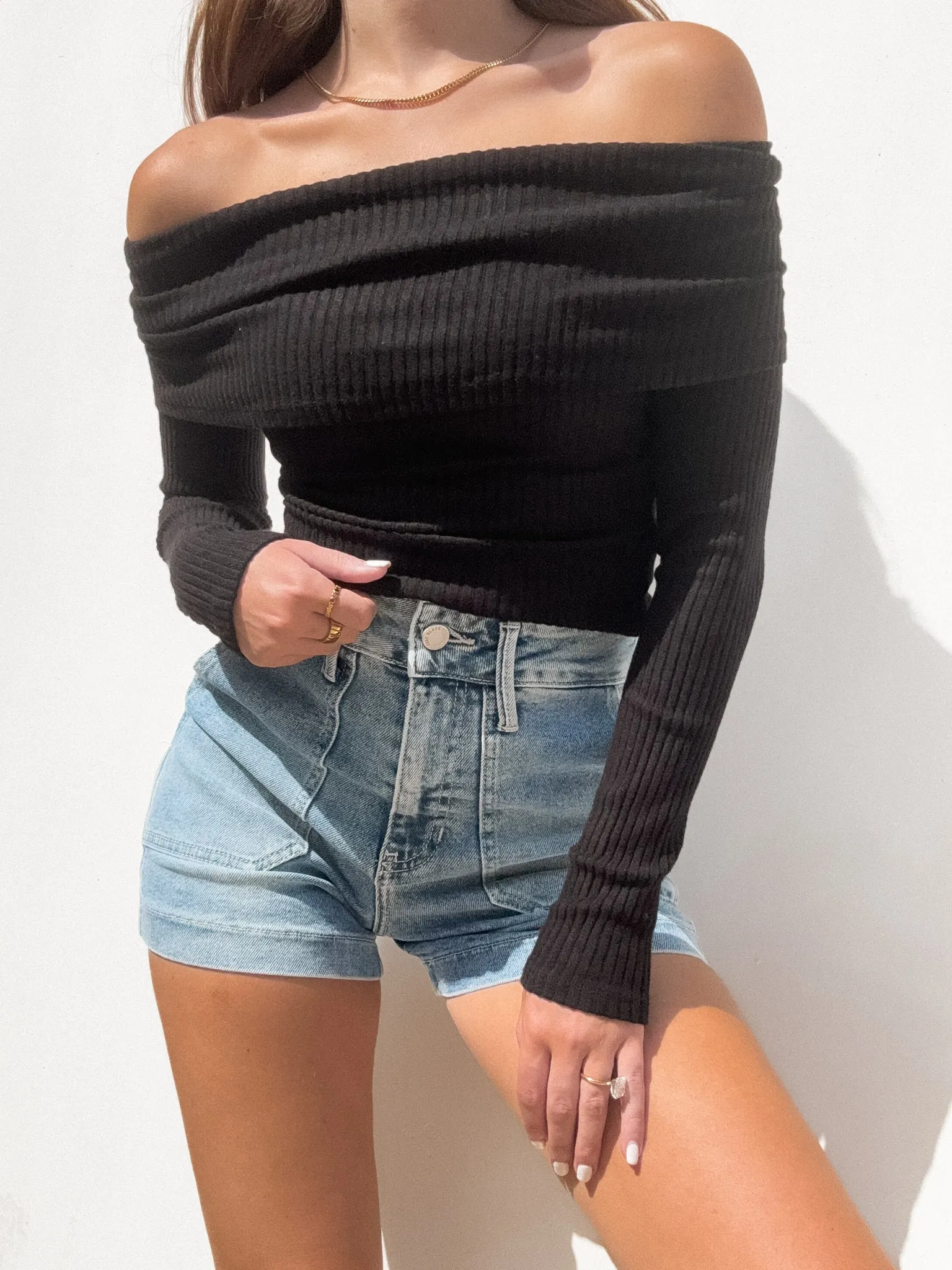 Marlee Cold Shoulder Knit Top in Black