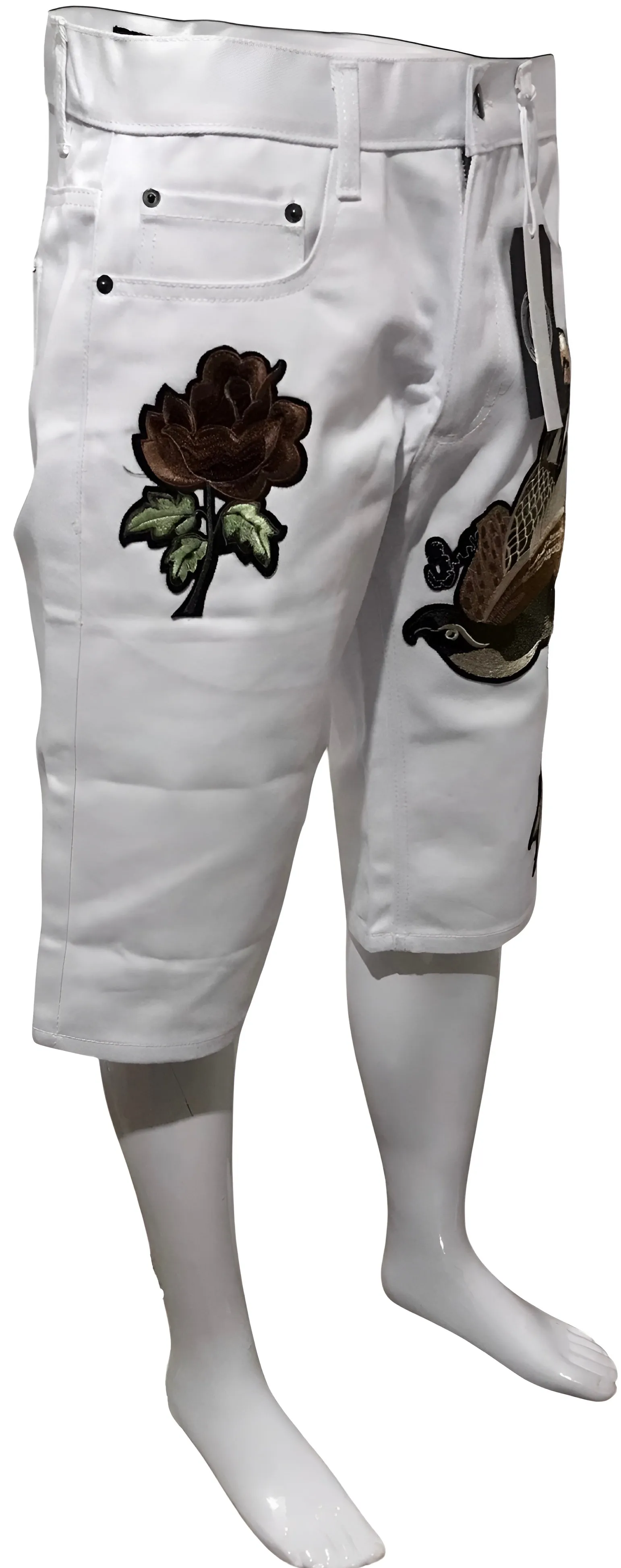^MAXI MILIAN^ (WHITE) ~BIRDS~ DENIM SHORTS (SLIM FIT) (EMBROIDERED)