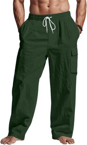 Men's Casual Linen Pants Summer Beach Loose Long Trousers