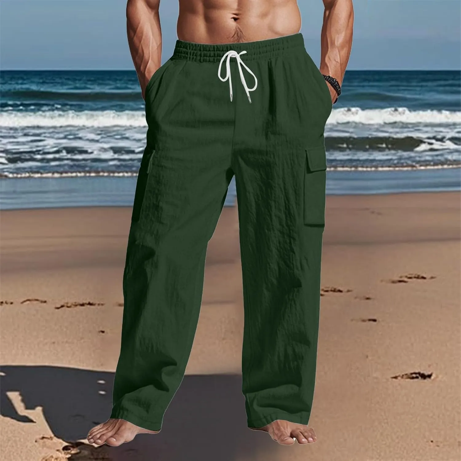 Men's Casual Linen Pants Summer Beach Loose Long Trousers