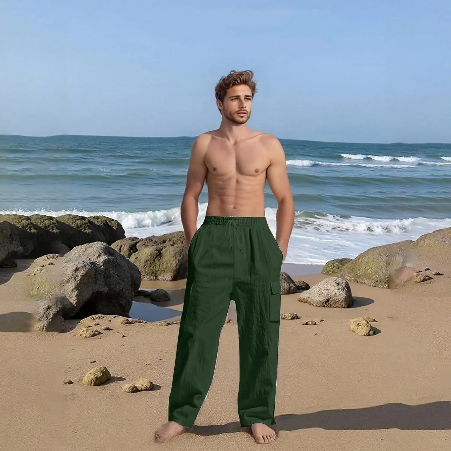Men's Casual Linen Pants Summer Beach Loose Long Trousers