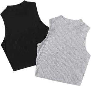 Milumia Women's 2 Pack Rib Knitted Tank Top Mock Neck Sleeveless Basic Tops