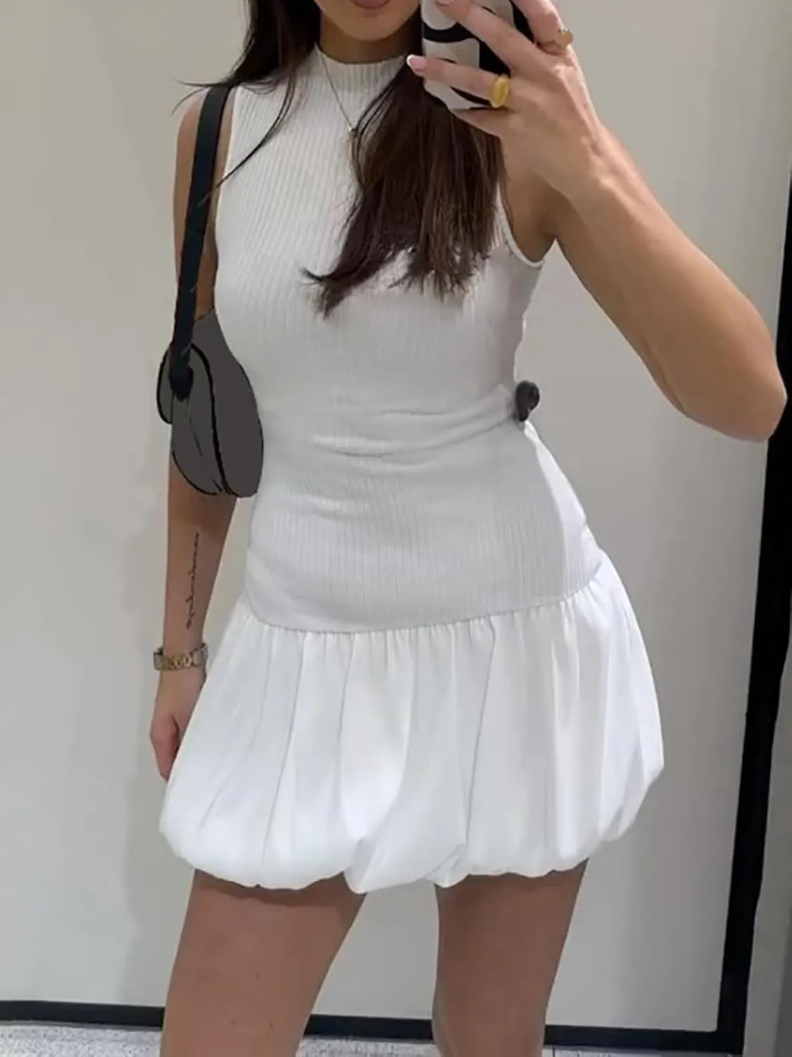 Mojessy Bubble Dress for Women Sexy Sleeveless Mock Neck Knit Mini Y2K Cute Bodycon Short Dress