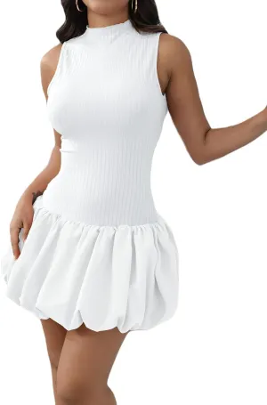 Mojessy Bubble Dress for Women Sexy Sleeveless Mock Neck Knit Mini Y2K Cute Bodycon Short Dress