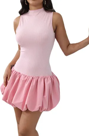 Mojessy Bubble Dress for Women Sexy Sleeveless Mock Neck Knit Mini Y2K Cute Bodycon Short Dress