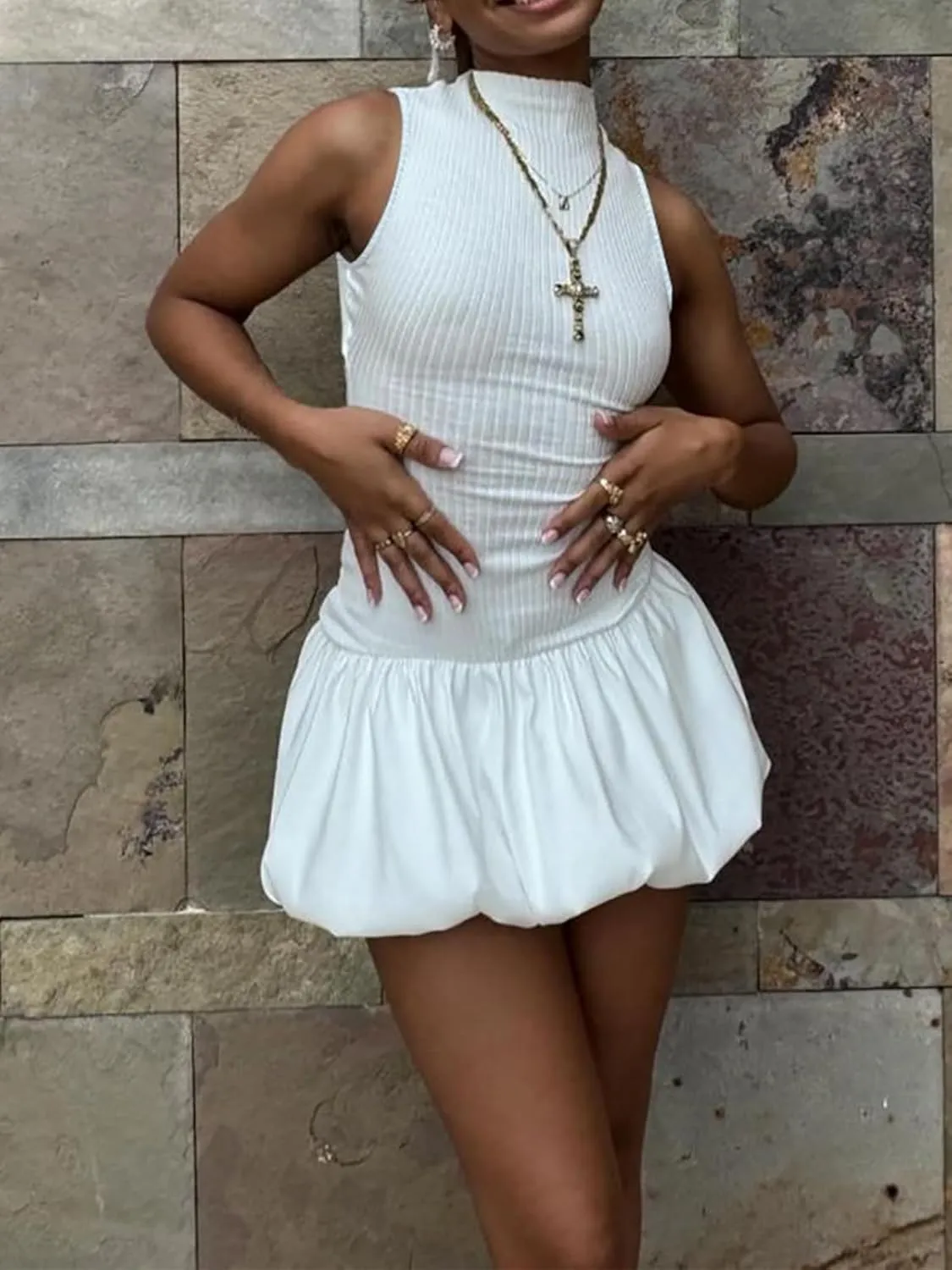 Mojessy Bubble Dress for Women Sexy Sleeveless Mock Neck Knit Mini Y2K Cute Bodycon Short Dress