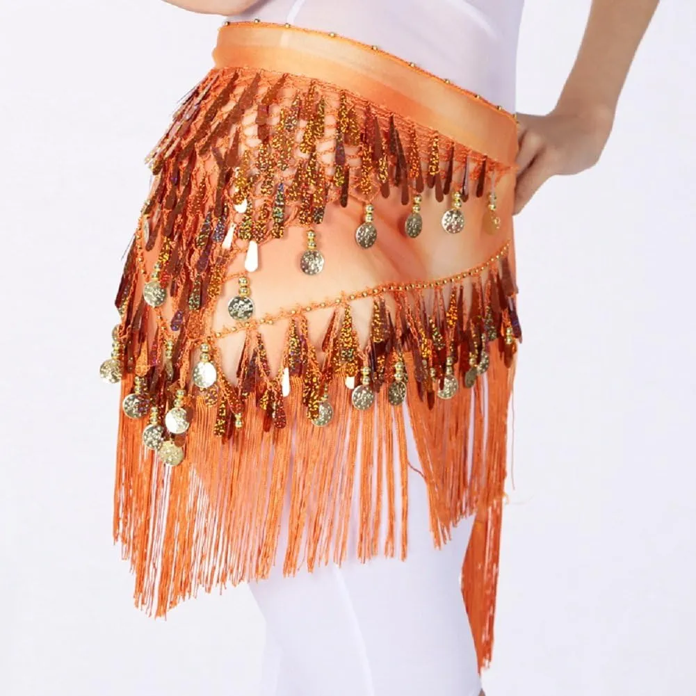 MUNAFIE Belly Dance Hip Scarf with Tassels Sequins, Triangle Coins Wrap Skirt Music Festival Clothing Skirt