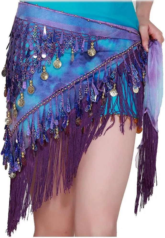 MUNAFIE Belly Dance Hip Scarf with Tassels Sequins, Triangle Coins Wrap Skirt Music Festival Clothing Skirt