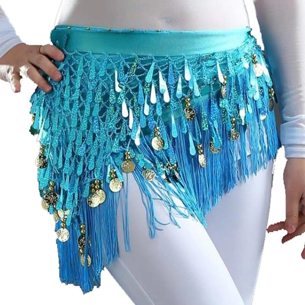 MUNAFIE Belly Dance Hip Scarf with Tassels Sequins, Triangle Coins Wrap Skirt Music Festival Clothing Skirt
