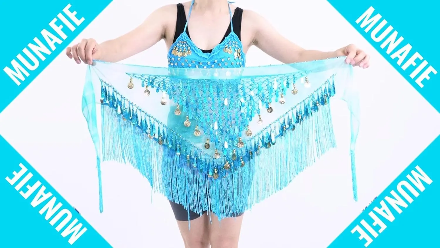 MUNAFIE Belly Dance Hip Scarf with Tassels Sequins, Triangle Coins Wrap Skirt Music Festival Clothing Skirt