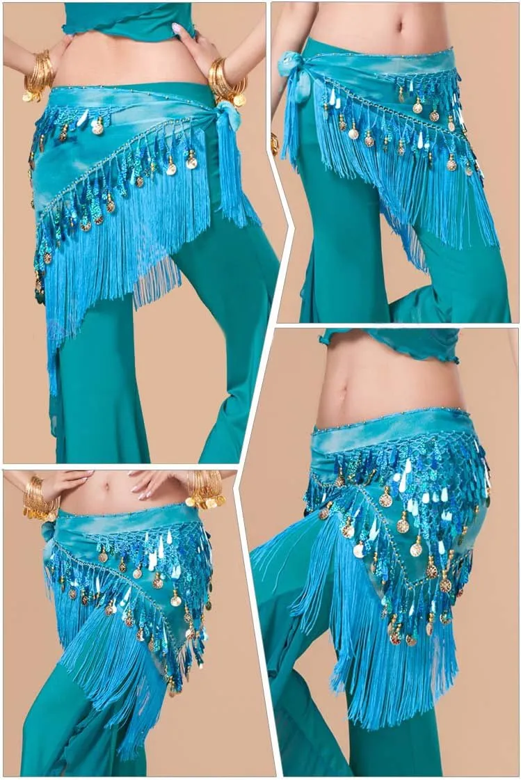 MUNAFIE Belly Dance Hip Scarf with Tassels Sequins, Triangle Coins Wrap Skirt Music Festival Clothing Skirt