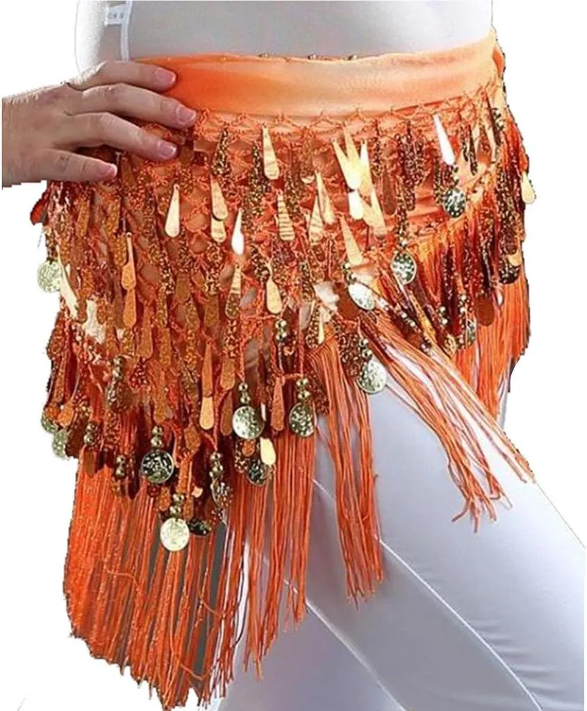 MUNAFIE Belly Dance Hip Scarf with Tassels Sequins, Triangle Coins Wrap Skirt Music Festival Clothing Skirt