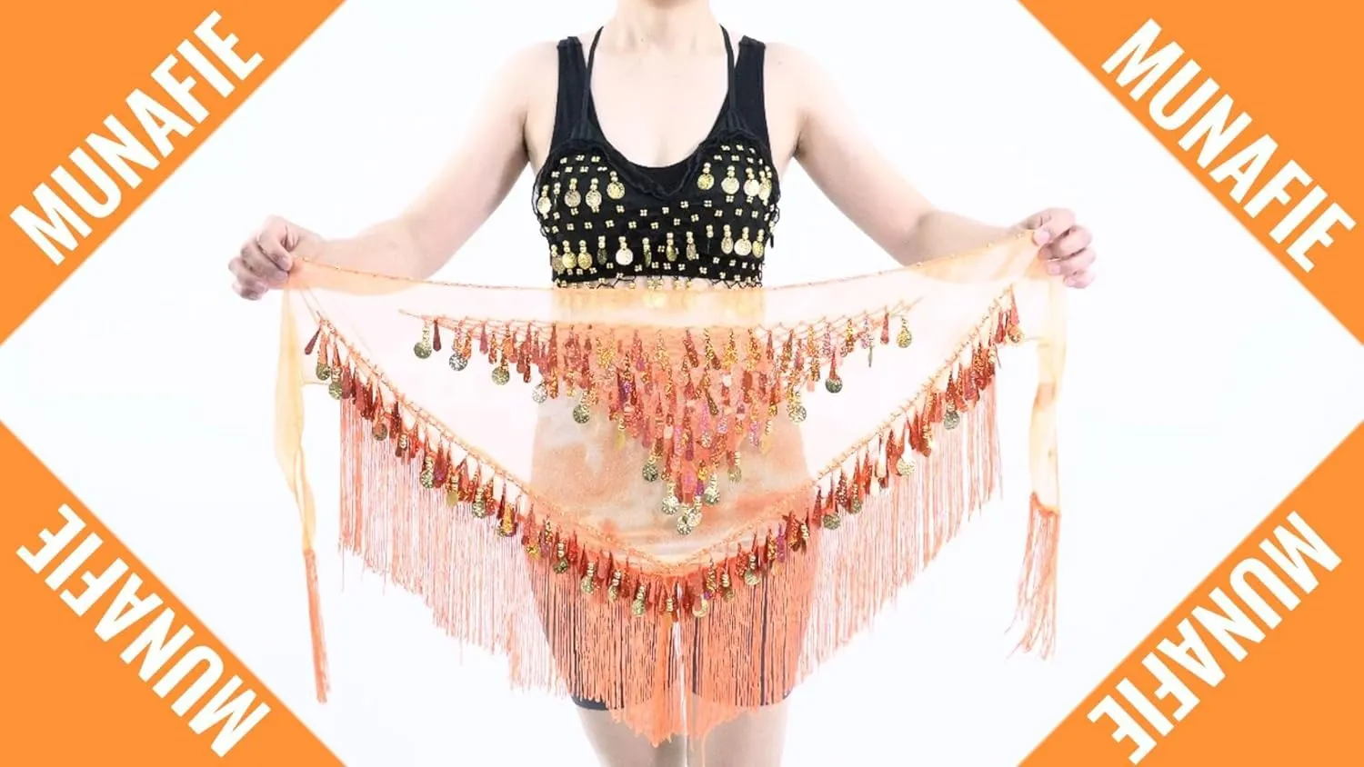 MUNAFIE Belly Dance Hip Scarf with Tassels Sequins, Triangle Coins Wrap Skirt Music Festival Clothing Skirt