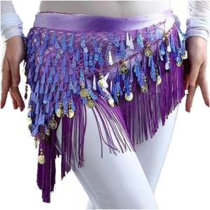 MUNAFIE Belly Dance Hip Scarf with Tassels Sequins, Triangle Coins Wrap Skirt Music Festival Clothing Skirt