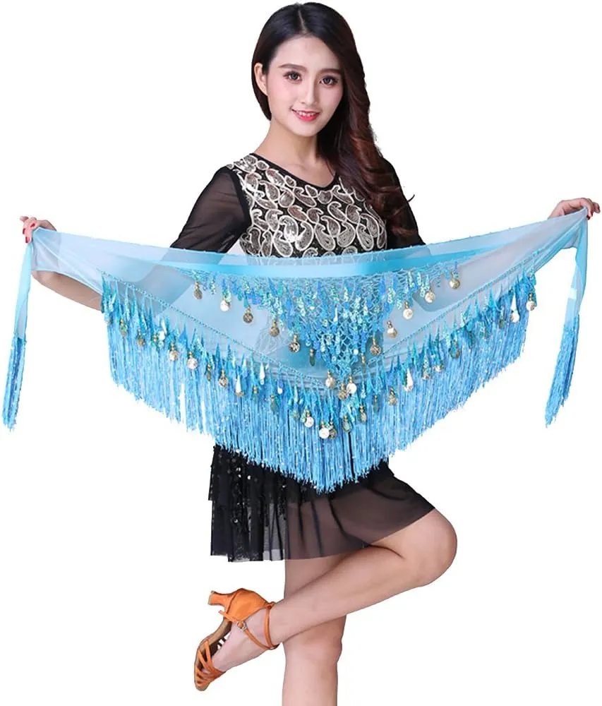 MUNAFIE Belly Dance Hip Scarf with Tassels Sequins, Triangle Coins Wrap Skirt Music Festival Clothing Skirt