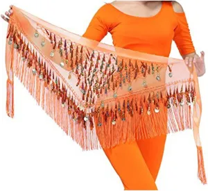 MUNAFIE Belly Dance Hip Scarf with Tassels Sequins, Triangle Coins Wrap Skirt Music Festival Clothing Skirt