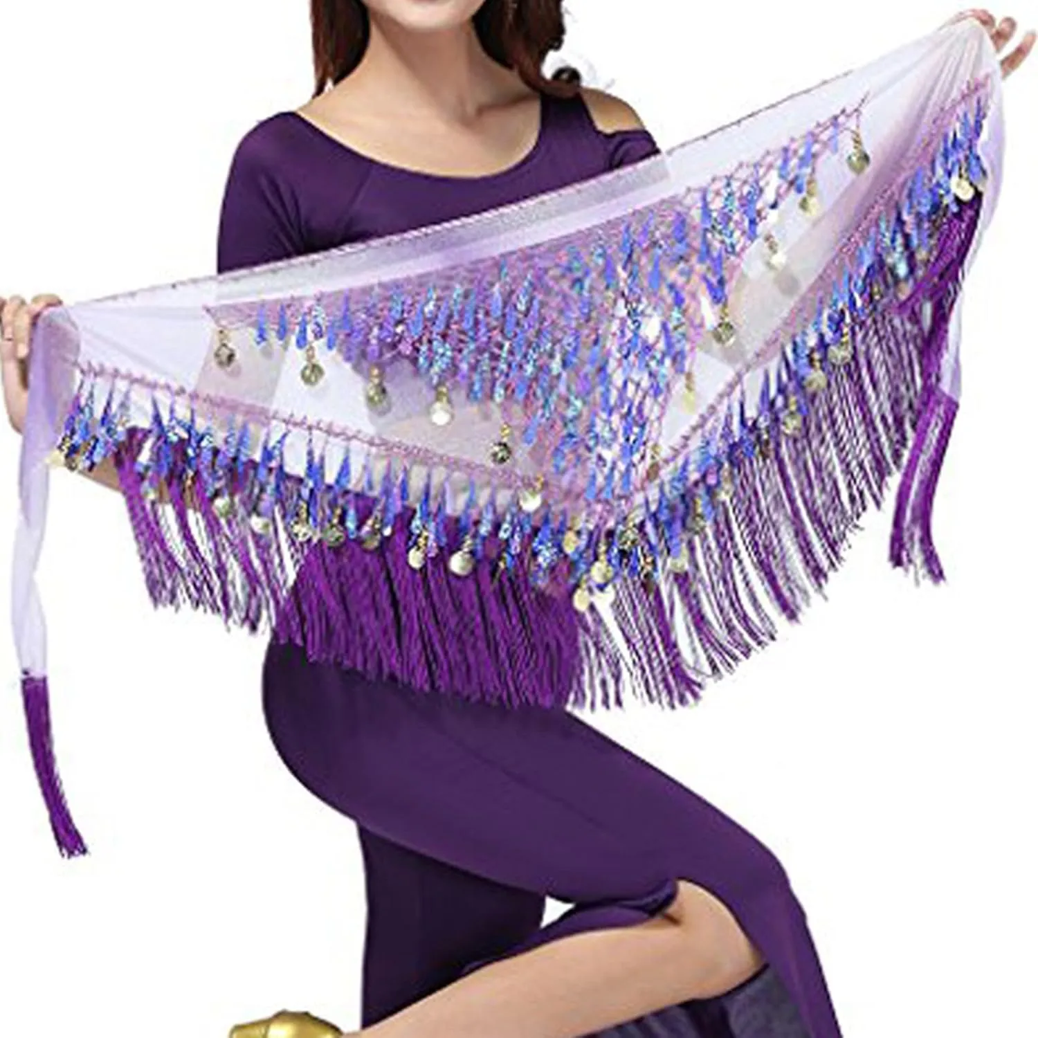 MUNAFIE Belly Dance Hip Scarf with Tassels Sequins, Triangle Coins Wrap Skirt Music Festival Clothing Skirt