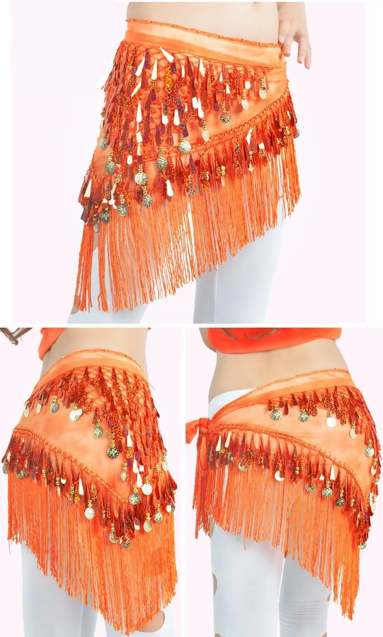 MUNAFIE Belly Dance Hip Scarf with Tassels Sequins, Triangle Coins Wrap Skirt Music Festival Clothing Skirt