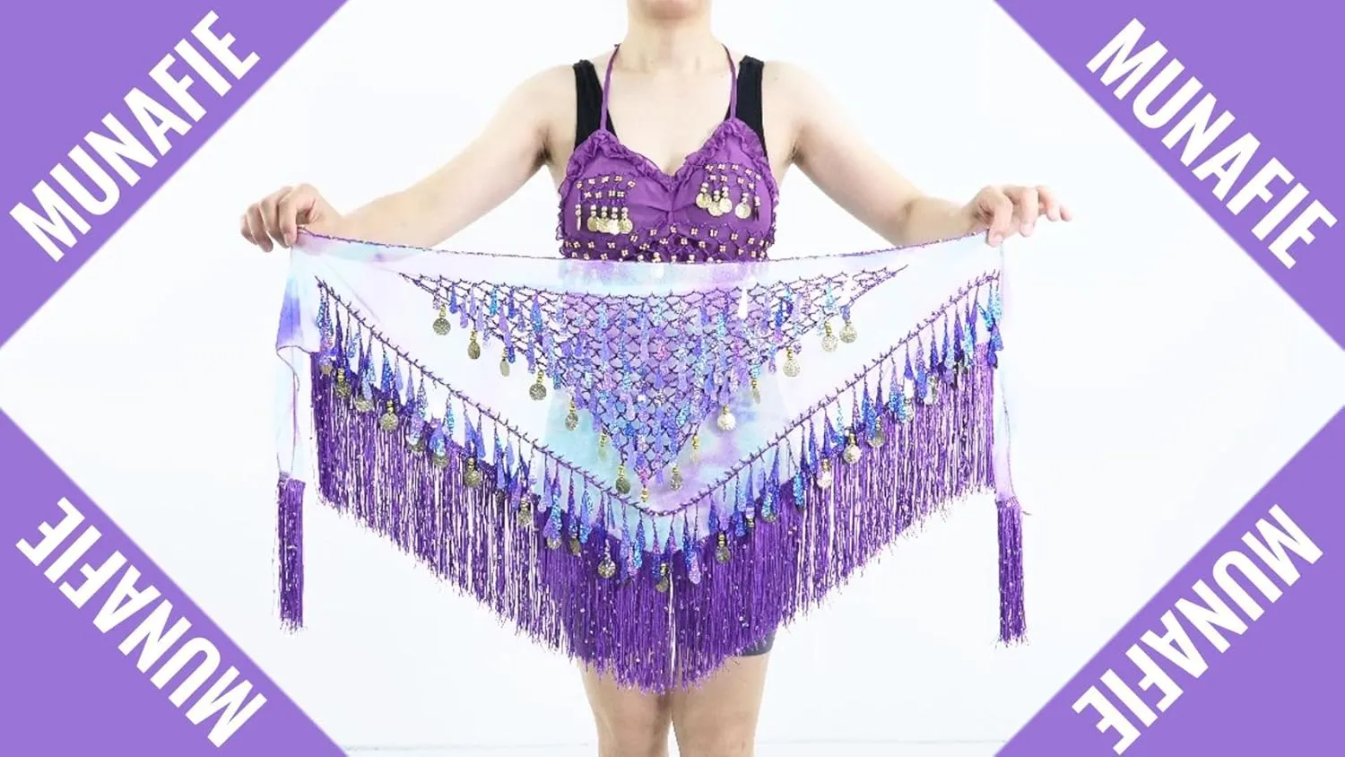 MUNAFIE Belly Dance Hip Scarf with Tassels Sequins, Triangle Coins Wrap Skirt Music Festival Clothing Skirt
