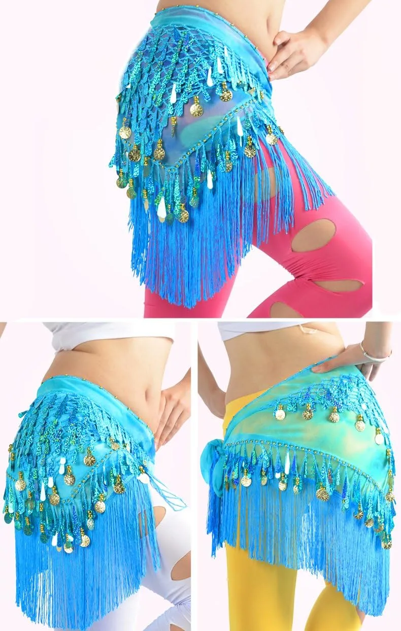 MUNAFIE Belly Dance Hip Scarf with Tassels Sequins, Triangle Coins Wrap Skirt Music Festival Clothing Skirt