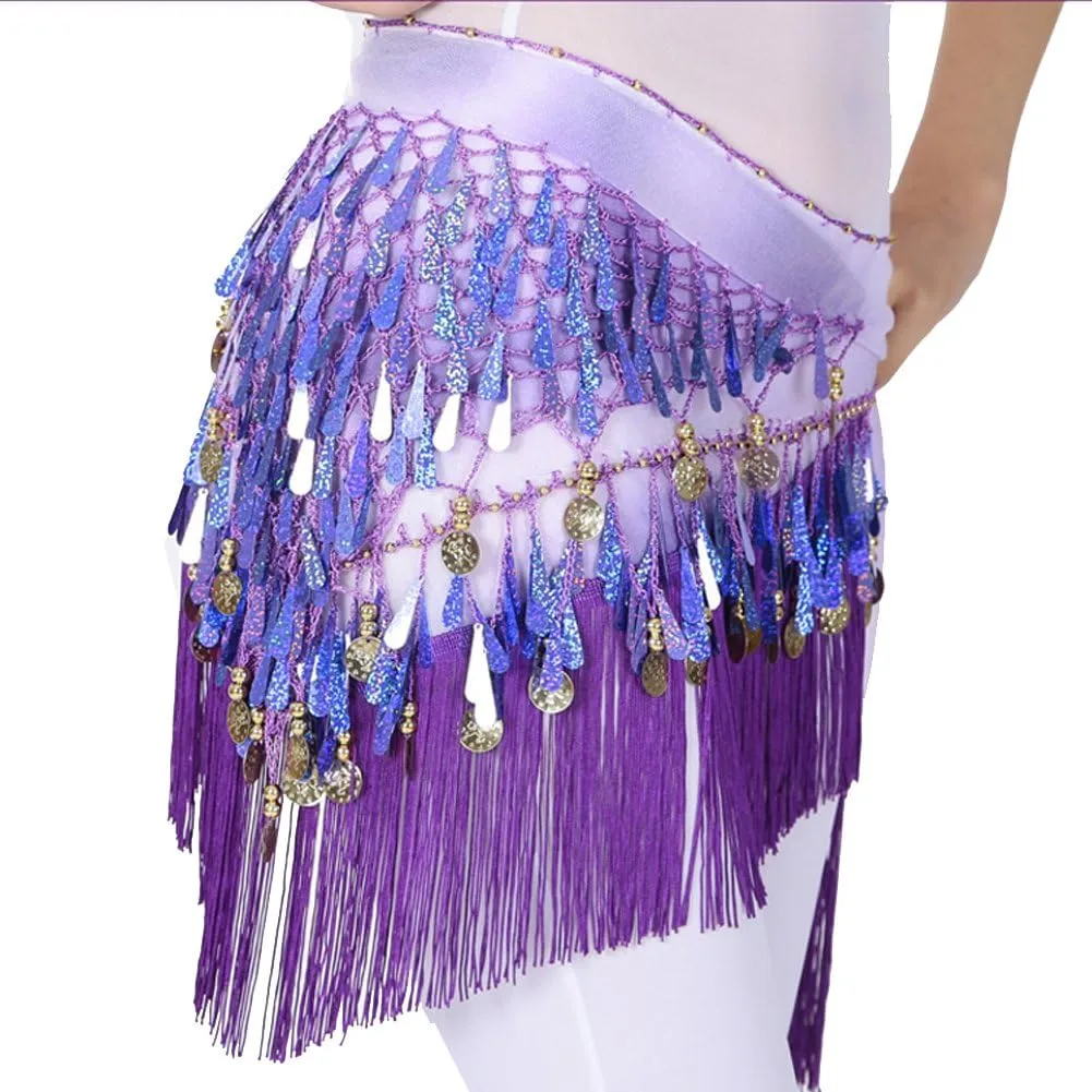 MUNAFIE Belly Dance Hip Scarf with Tassels Sequins, Triangle Coins Wrap Skirt Music Festival Clothing Skirt