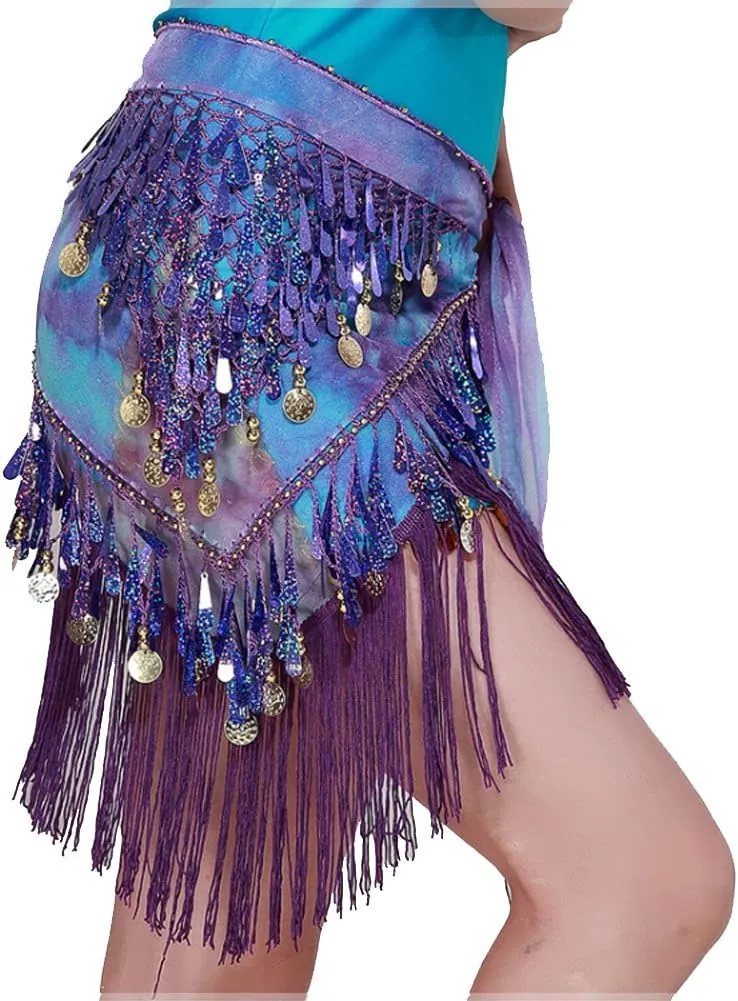 MUNAFIE Belly Dance Hip Scarf with Tassels Sequins, Triangle Coins Wrap Skirt Music Festival Clothing Skirt