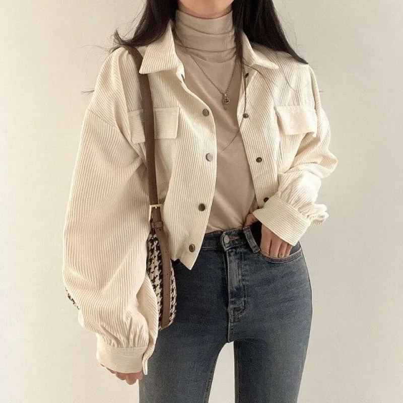 New Retro Simple Lapel Short Drawstring Top Coat For Women