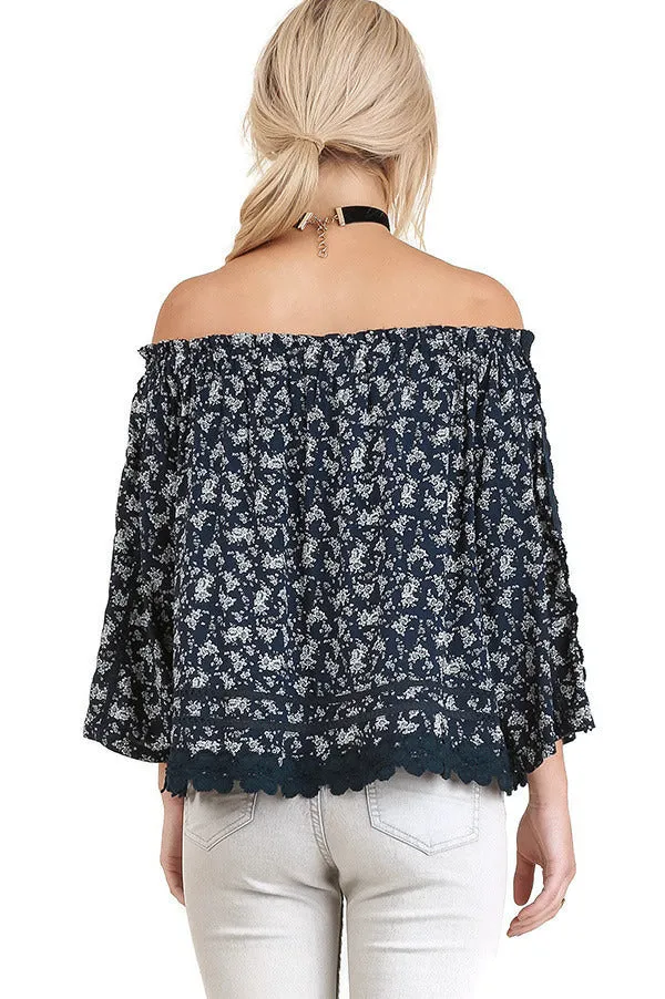 Off The Shoulder Floral Top, Navy