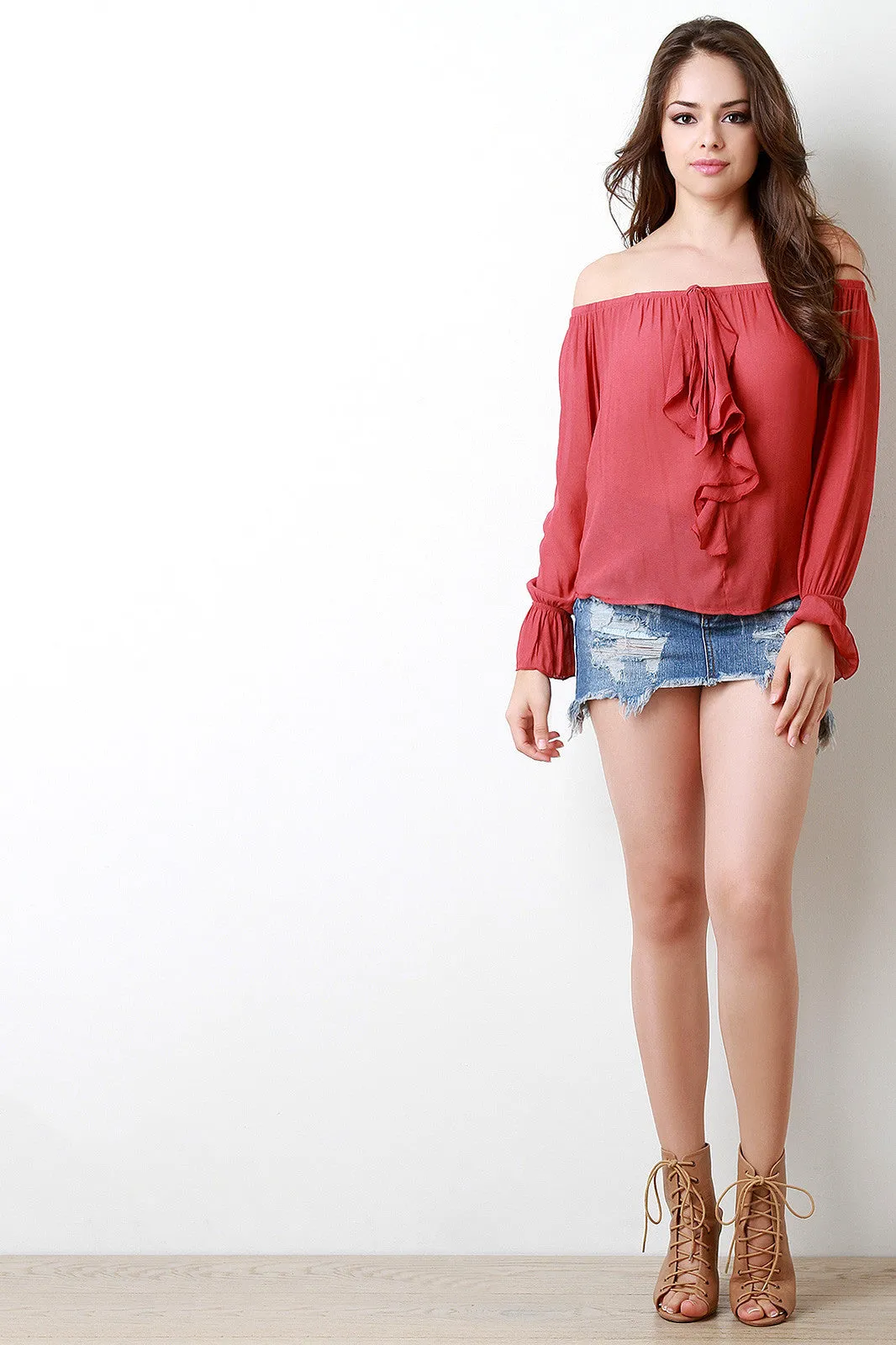 Off The Shoulder Self-Tie Ruffle Top