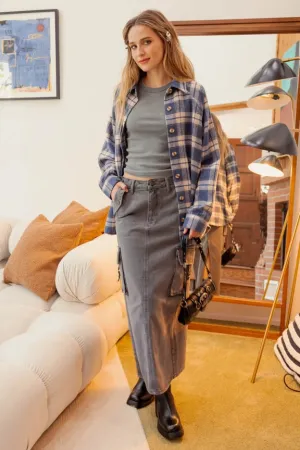 Oversized Button Down Shirt 1002 in Denim Plaid
