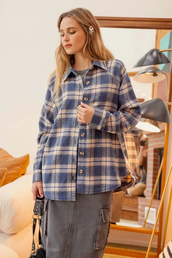 Oversized Button Down Shirt 1002 in Denim Plaid