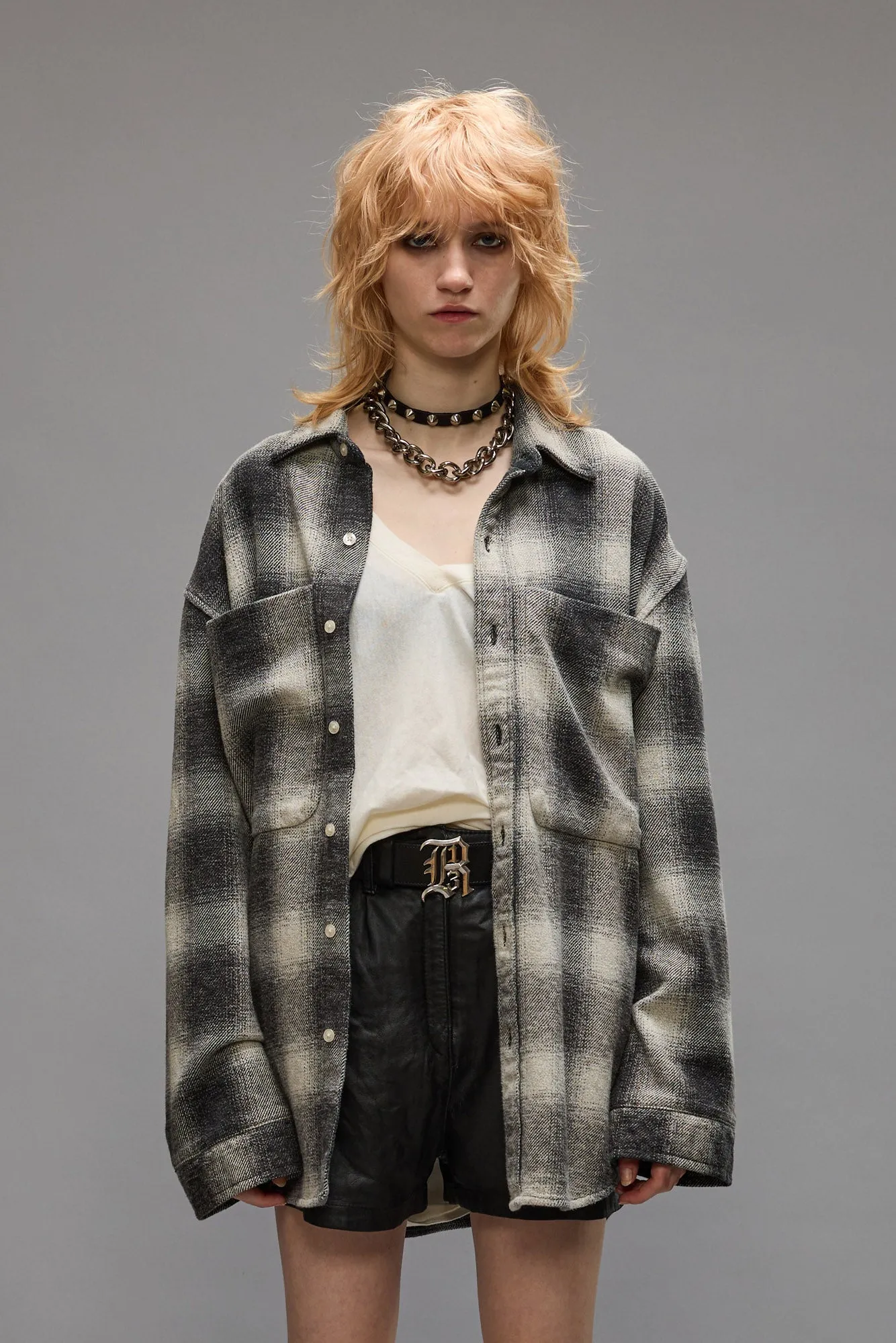 OVERSIZED POCKET DROP NECK - GREY OMBRE PLAID