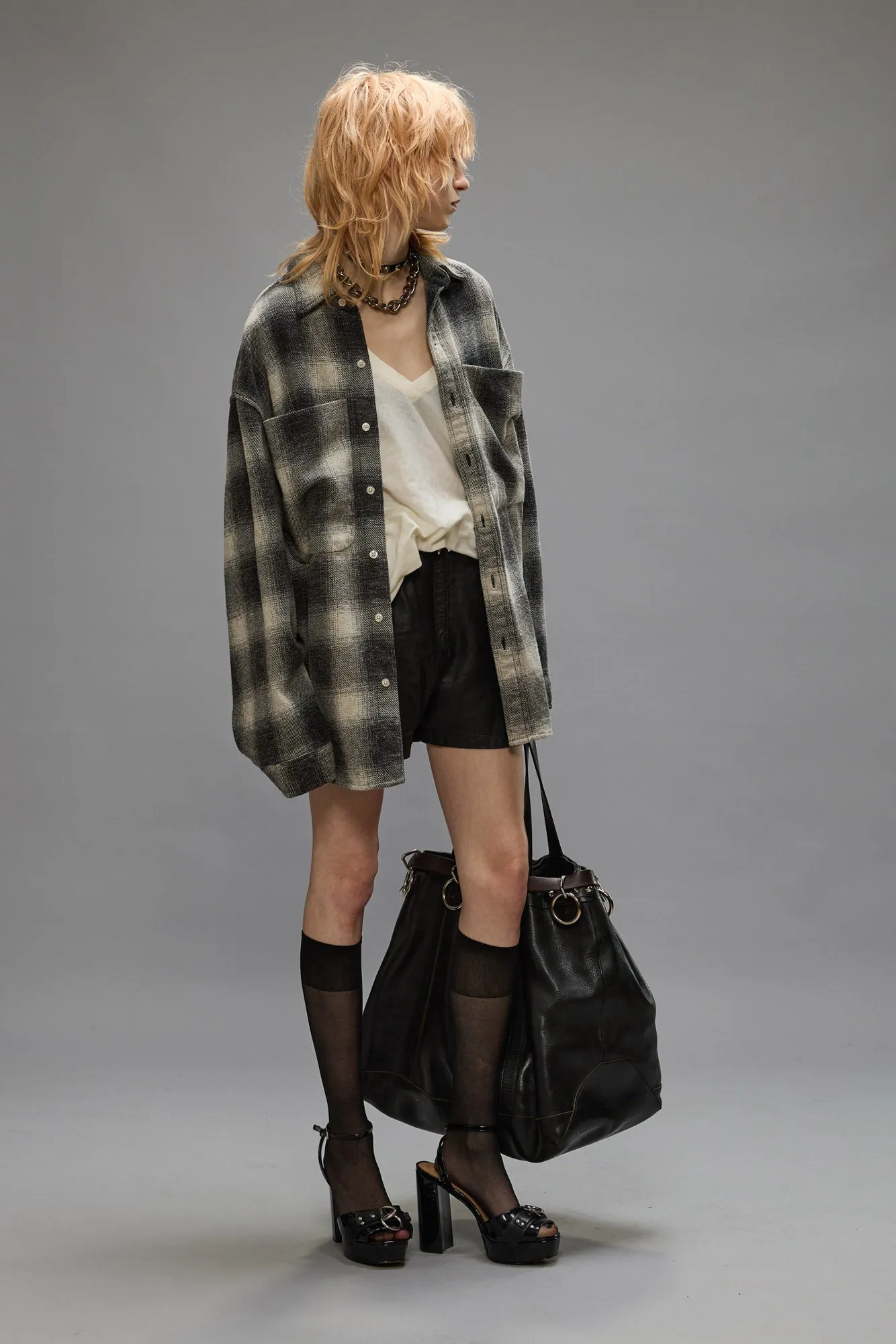 OVERSIZED POCKET DROP NECK - GREY OMBRE PLAID