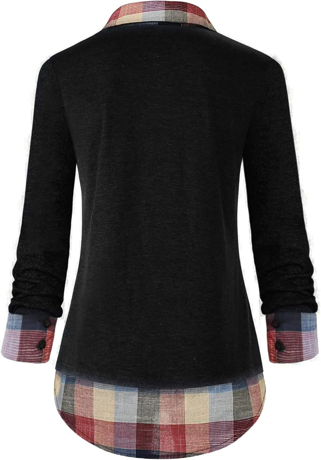 Oyamiki Women's Casual Collared Curved Hem 2 in 1 Pullover Tops Plaid Contrast Shirt Blouse