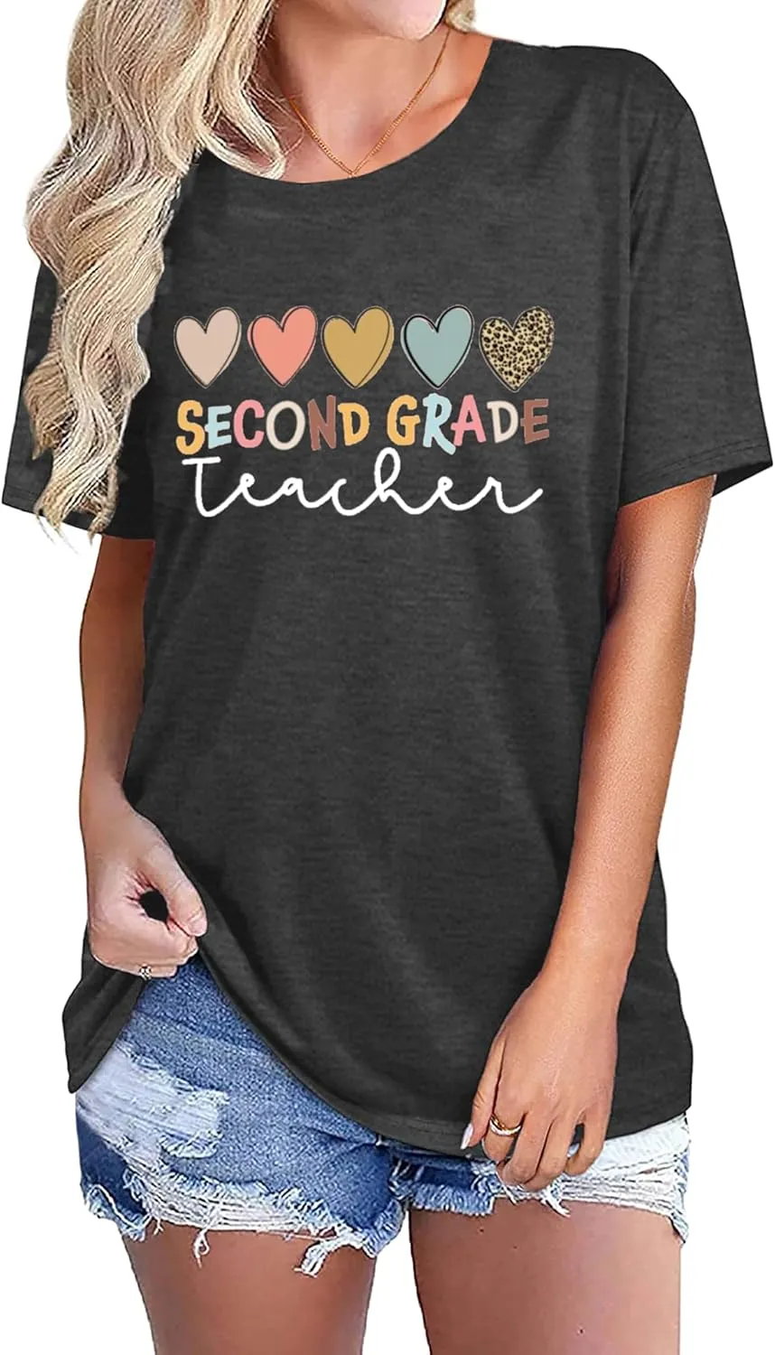 PECHAR Teacher Shirts Women Funny Teach Printed Graphic Tshirt Short Sleeve T-Shirt Blouse Teacher Gifts Tops Tee