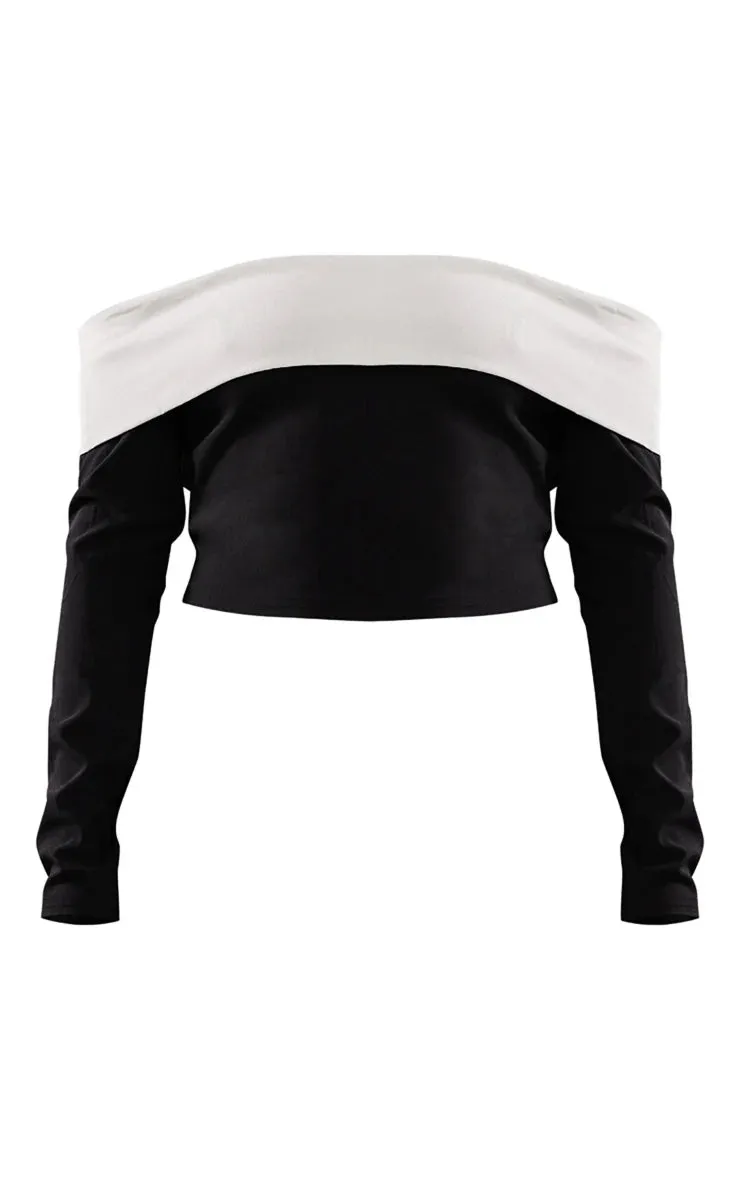 Petite Black Contrast Off The Shoulder Crop Top