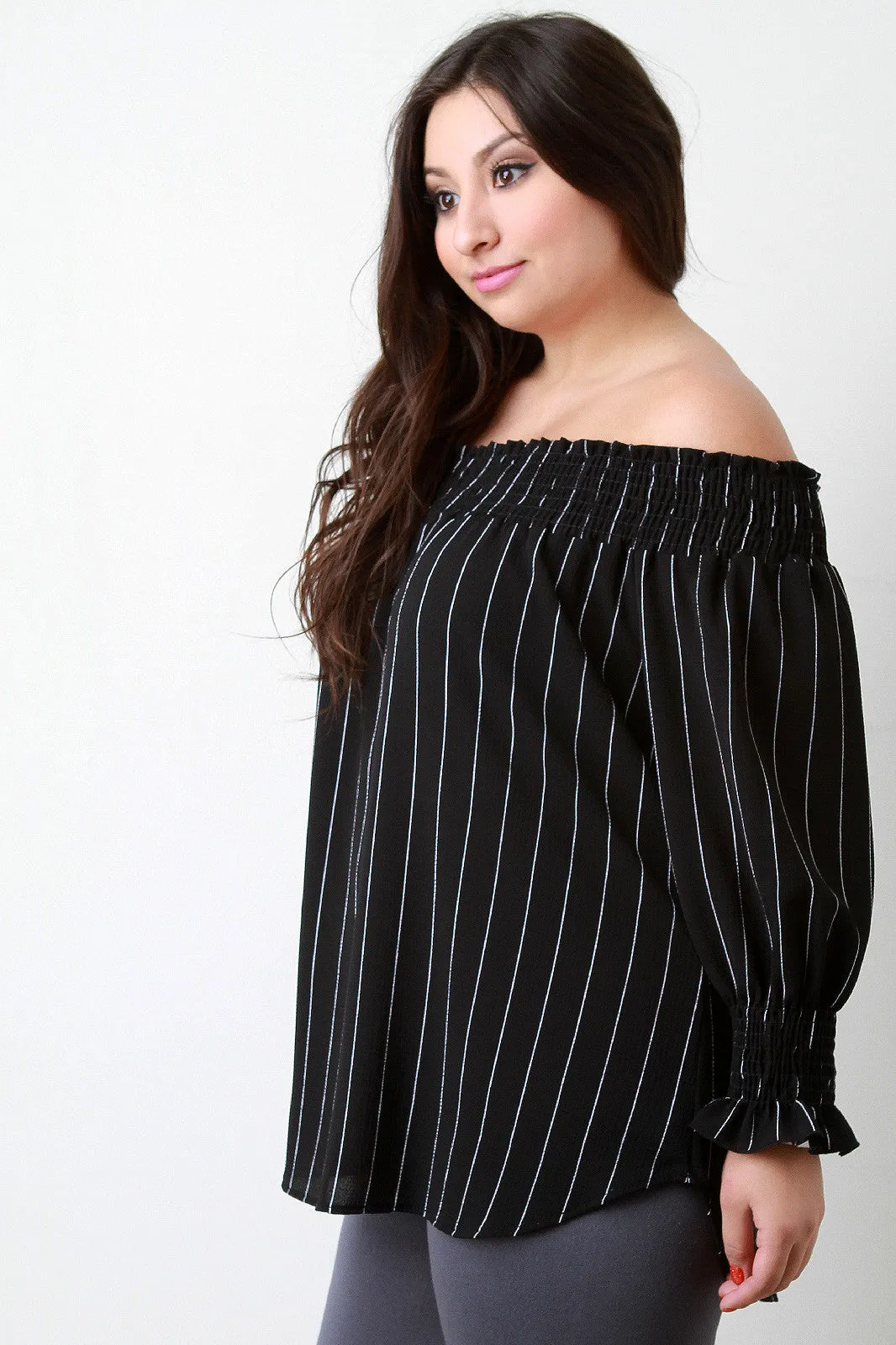 Pinstripe Off-The-Shoulder Smocked Top