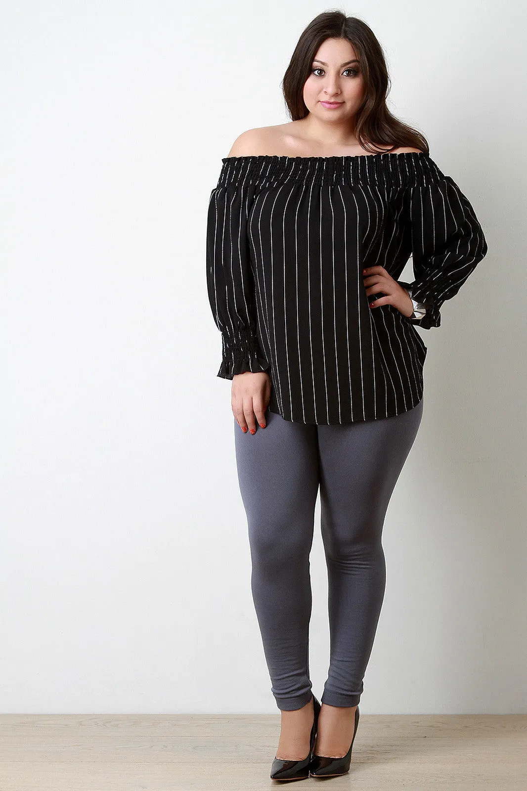 Pinstripe Off-The-Shoulder Smocked Top