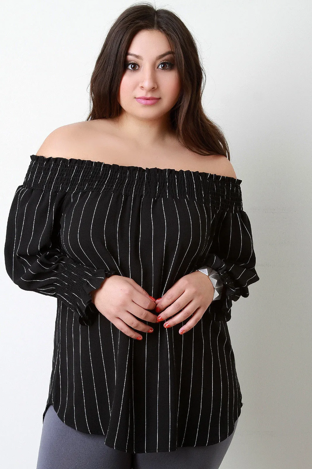 Pinstripe Off-The-Shoulder Smocked Top