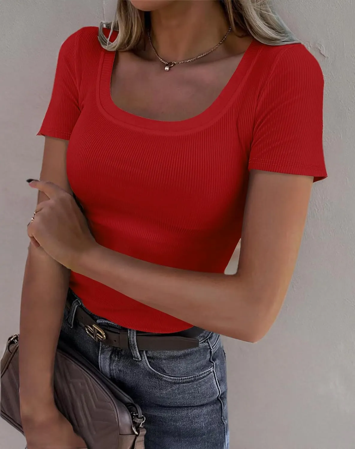 Roselux Women's Summer Scoop Neck Short Sleeve T-Shirts Ribbed Knit Slim Fitted Casual Basic Top