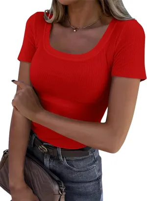Roselux Women's Summer Scoop Neck Short Sleeve T-Shirts Ribbed Knit Slim Fitted Casual Basic Top