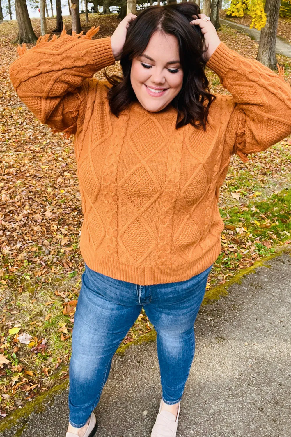 Rust Cable Knit Tassel Fringe Sweater