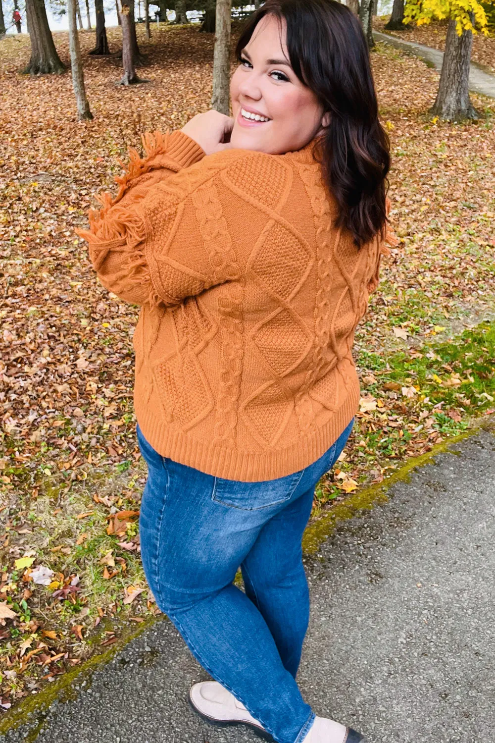 Rust Cable Knit Tassel Fringe Sweater