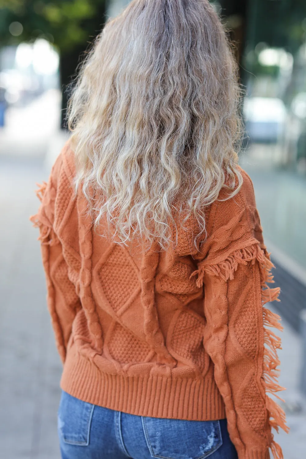 Rust Cable Knit Tassel Fringe Sweater