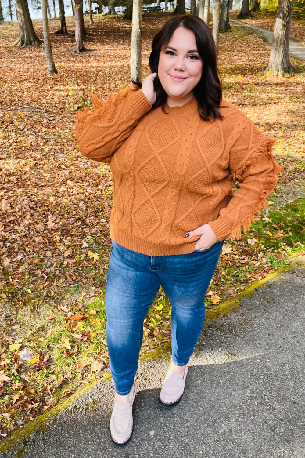 Rust Cable Knit Tassel Fringe Sweater