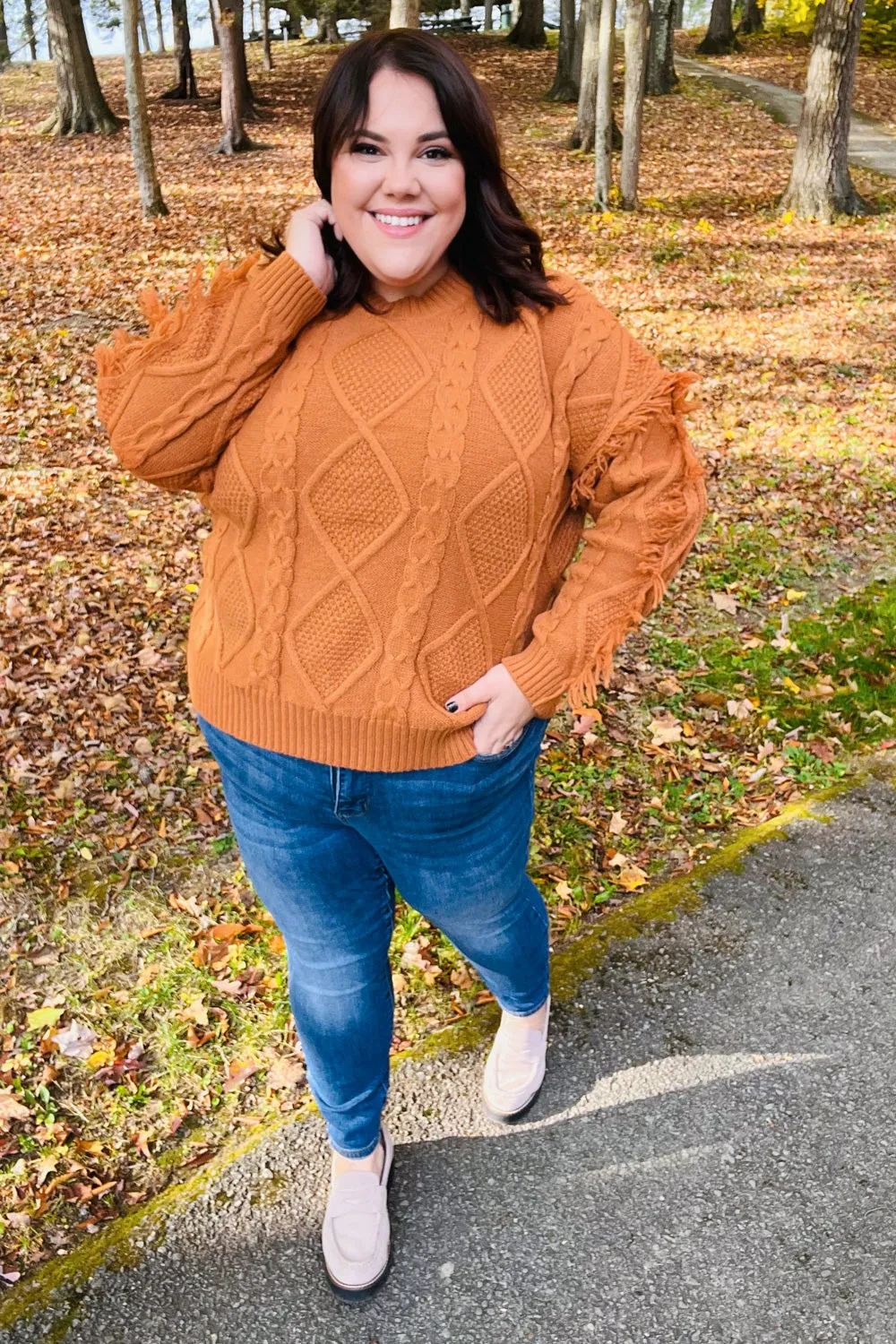 Rust Cable Knit Tassel Fringe Sweater