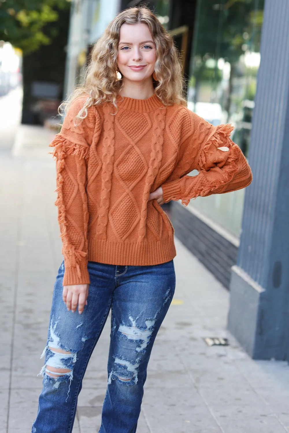 Rust Cable Knit Tassel Fringe Sweater