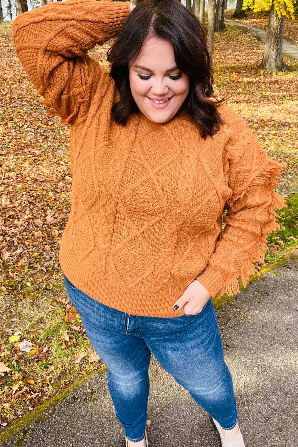 Rust Cable Knit Tassel Fringe Sweater