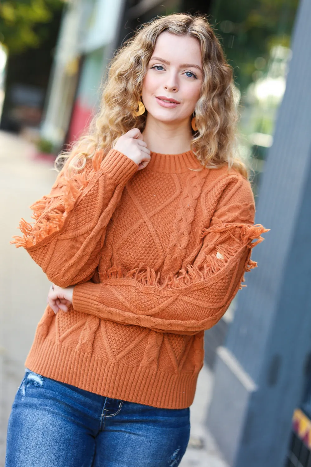 Rust Cable Knit Tassel Fringe Sweater