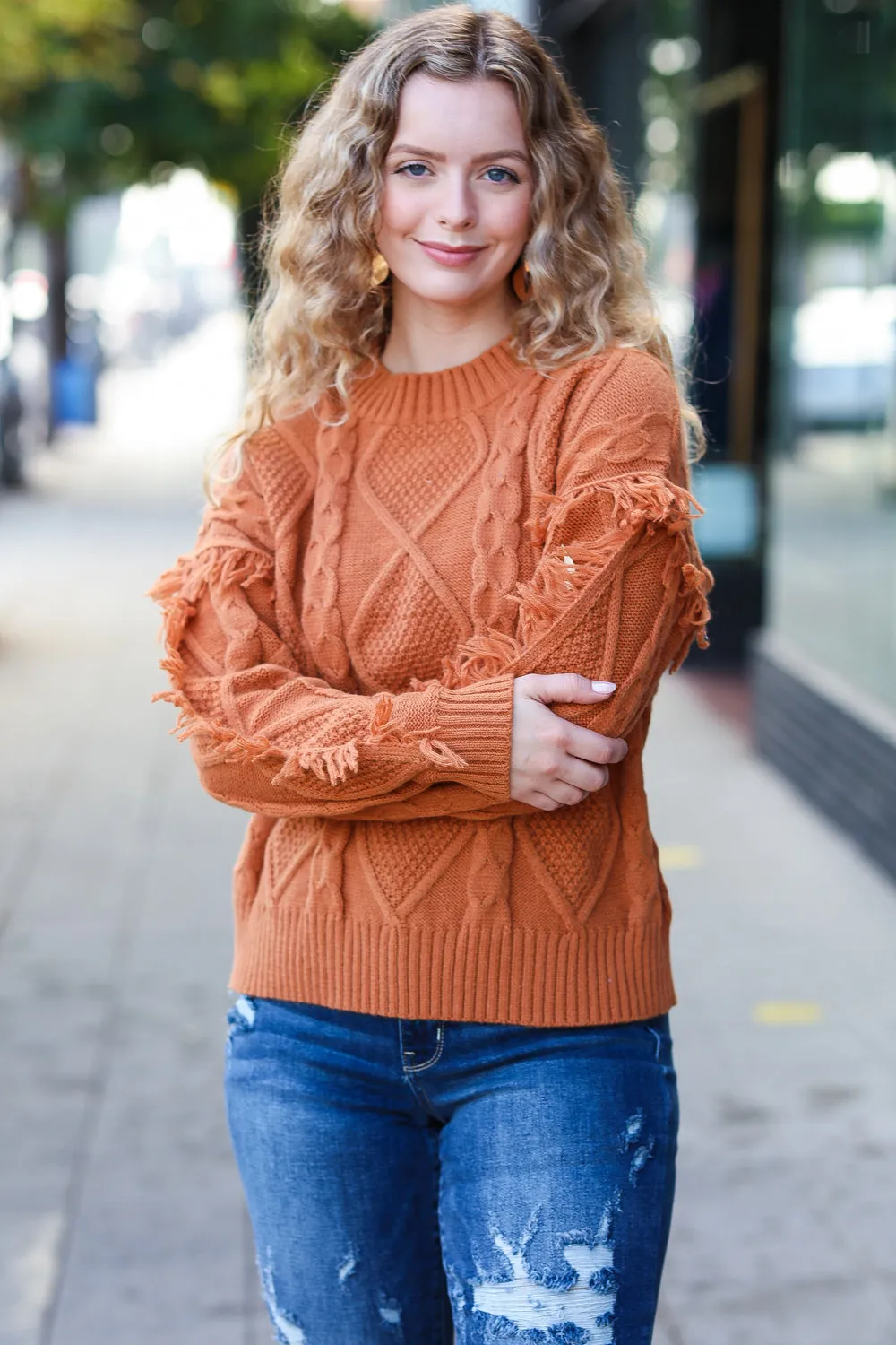 Rust Cable Knit Tassel Fringe Sweater